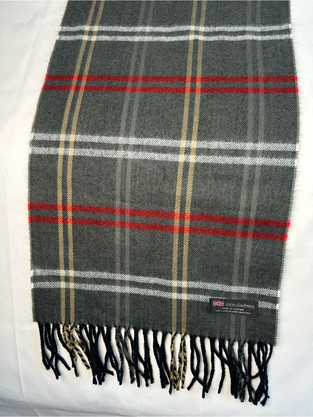 Scottish Made 100% Cashmere Scarf Gray, White Yellow Tartan Plaid
